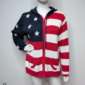 90s Y2K American Flag Zip Up Sweater Hoodie Red, White & Blue Stars & Stripes